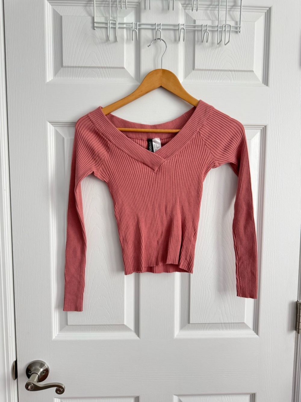 H&M Ribbed V-Neck Long Sleeve Top - Rose